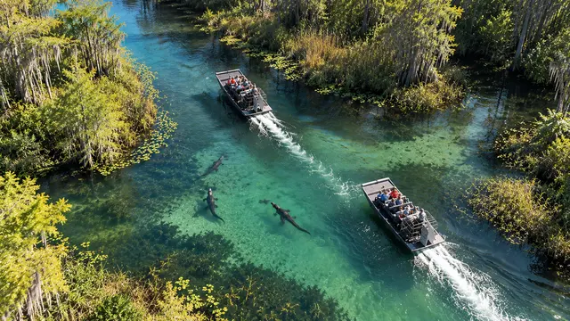 Airboats crossing crystal-clear water in the Everglades